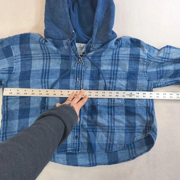American Eagle Hooded Plaid Flannel Shirt SP Blue Button Up Hoodie Top - Picture 11 of 16
